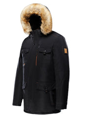 Winddichter, warmer, mittellanger Herrenmantel mit Kunstpelzkragen und mehreren Taschen