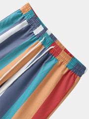 Bunt gestreifte Urlaubs-Shorts mit Kordelzug und Taschen für Herren – Lockere Passform