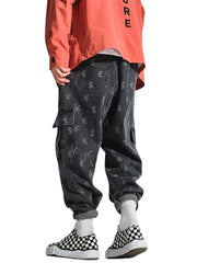 Herren-Cargohose aus Denim mit Währungssymbol-Print und Kordelzug