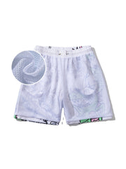Schnelltrocknende Strandshorts für Herren mit Cartoon-Dinosaurier-Aufdruck und Kordelzug