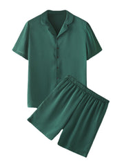 Kurzärmliges Pyjama-Set aus Kunstseide für Herren mit Knopfleiste und elastischem Bund in Grün – Freizeitkleidung für Zuhause