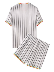 Zweiteiliges Pyjama-Set für Herren mit vertikalen Streifen und kurzen Ärmeln und elastischer Taille – Freizeitkleidung für zu Hause