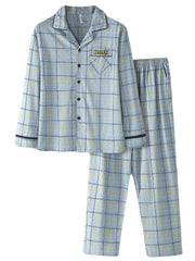 Pyjama-Set aus Baumwolle mit Gitter-Buchstabendruck und Reverskragen für Herren mit Tasche – Bequeme Nachtwäsche