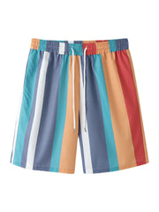 Bunt gestreifte Urlaubs-Shorts mit Kordelzug und Taschen für Herren – Lockere Passform