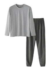 Einfarbiges Langarm-T-Shirt aus Baumwolle mit Rundhalsausschnitt und lockerem Pyjama-Set für Herren