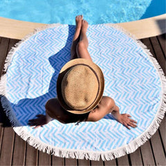 150 cm rundes Strandtuch aus Baumwolle mit blauen Streifen und Quasten – Sommerdecke, Fitness, Yogamatte