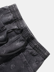 Herren-Cargohose aus Denim mit Währungssymbol-Print und Kordelzug