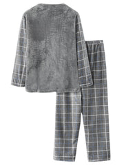 Herren-Pyjama-Set aus Flanell mit kariertem Patchwork-Pullover und weiter Hose, warm und bequem