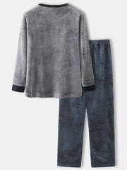 Herren Flanell Cartoon Bär Buchstaben Muster Rundhals Dickes Home Pyjama Set