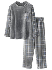 Herren-Pyjama-Set aus Flanell mit kariertem Patchwork-Pullover und weiter Hose, warm und bequem