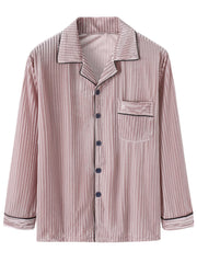 Herren-Pyjama-Set aus Korallenfleece mit Revers und Knopfleiste, langen Ärmeln, lockere Hose, zweiteilig, warm