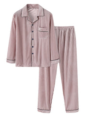 Herren-Pyjama-Set aus Korallenfleece mit Revers und Knopfleiste, langen Ärmeln, lockere Hose, zweiteilig, warm