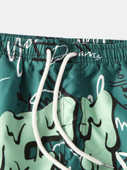 Schnelltrocknende Boardshorts für Herren mit lustigem Graffiti-Print und Netzfutter, lässiger Urlaubs-Shorts