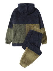 Zweiteiliges Set aus Fleece-Patchwork-Farbblock mit Kapuze und Kordelzug für Herren