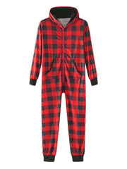 Jumpsuit-Pyjama mit Karomuster und Kapuze für Herren, mit Vordertasche und langen Ärmeln