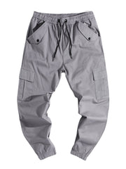 Einfarbige Cargohose mit Kordelzug und mittlerer Taille für Herren mit Taschen