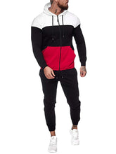 Dreifarbiges Patchwork-Kapuzenjacken- und Jogginghosen-Sport-Zweiteiler-Set für Herren