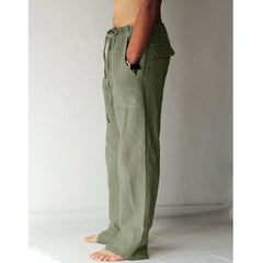 Atmungsaktive Haremshose aus Baumwollleinen für Herren mit Kordelzug – weite, lange Slacks-Hose