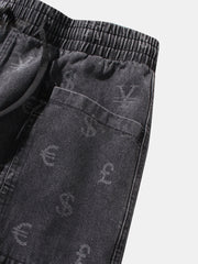 Herren-Cargohose aus Denim mit Währungssymbol-Print und Kordelzug