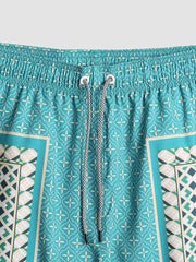 Leichte Boardshorts für Herren im Retro-Stil mit Patchwork-Print und Kordelzug