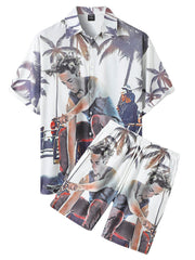 Zweiteiliges Urlaubsoutfit mit Knopfleiste und Kokosnussbaum-Print für Herren