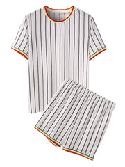Zweiteiliges Pyjama-Set für Herren mit vertikalen Streifen und kurzen Ärmeln und elastischer Taille – Freizeitkleidung für zu Hause