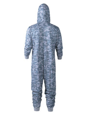 Grauer Thermo-Loungewear-Overall mit Camouflage-Muster, Kapuze und Taschen für Herren – Reißverschluss, locker sitzender Pyjama
