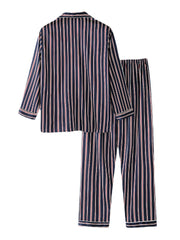 Klassisches Pyjama-Set aus Eisseide mit Streifen, Reverskragen, langen Ärmeln, elastischer Taille für die Freizeit zu Hause