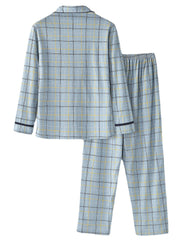 Pyjama-Set aus Baumwolle mit Gitter-Buchstabendruck und Reverskragen für Herren mit Tasche – Bequeme Nachtwäsche