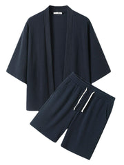 Geripptes Kimono-Pyjama-Set für Herren im japanischen Stil, kurze Länge