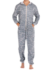 Grauer Thermo-Loungewear-Overall mit Camouflage-Muster, Kapuze und Taschen für Herren – Reißverschluss, locker sitzender Pyjama