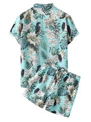 Zweiteiliges Urlaubsoutfit mit Knopfleiste und tropischem Pflanzen-Print für Herren