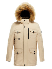 Winddichter, warmer, mittellanger Herrenmantel mit Kunstpelzkragen und mehreren Taschen