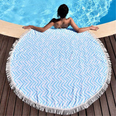 150 cm rundes Strandtuch aus Baumwolle mit blauen Streifen und Quasten – Sommerdecke, Fitness, Yogamatte