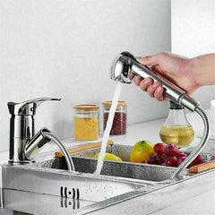 Chrome Kitchen Sink Faucet with Pull-Out Spray Head and Single Lever - Mono Brass Tap