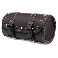 Dark Brown Leather Motorcycle Front Fork Tool Saddle Bag Pouch Luggage Barrel Saddlebags