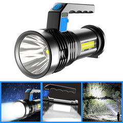 500m Long Range Double Light Flashlight with COB Sidelight, USB Rechargeable, Powerful Handheld LED Spotlight