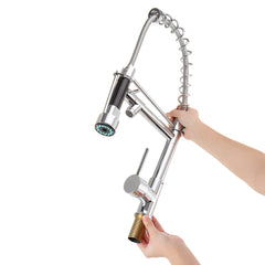 Chrome Pull Out Kitchen Tap - Spring Faucet with Swivel Spout, Hot & Cold Water Mixer for Vessel Sink