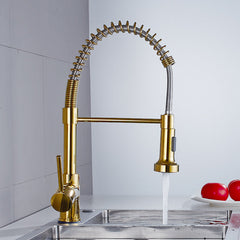 Luxury Gold Brass Kitchen Sink Faucet - Single Lever, Pull Out Spring Spout, Hot & Cold Water Mixer Tap