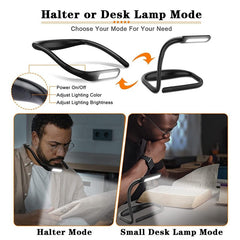 Wiederaufladbares, modisches Buchlicht zum Umhängen – Helligkeit in 3 Farben einstellbar, flexibler Arm, Nachtlampe zum Lesen und Campen