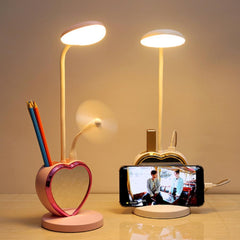 Multifunctional USB Rechargeable LED Table Lamp with Touch Dimming, Pen Holder, Phone Stand, and Magnetic Mirror