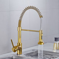 Luxury Gold Brass Kitchen Sink Faucet - Single Lever, Pull Out Spring Spout, Hot & Cold Water Mixer Tap