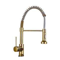 Luxury Gold Brass Kitchen Sink Faucet - Single Lever, Pull Out Spring Spout, Hot & Cold Water Mixer Tap