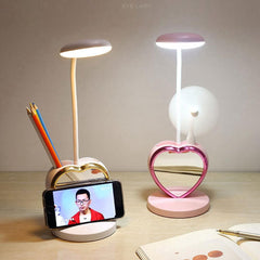 Multifunctional USB Rechargeable LED Table Lamp with Touch Dimming, Pen Holder, Phone Stand, and Magnetic Mirror