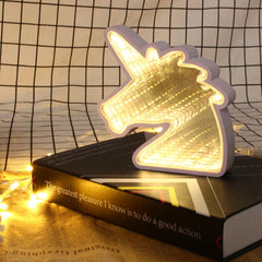 Kreatives süßes Einhorn-LED-Tunnel-Nachtlicht - Spiegellampe für Kinder, weißes/warmweißes Atmosphärenlicht