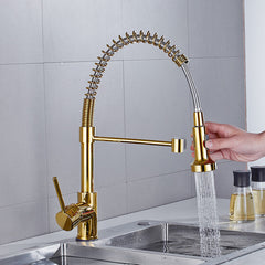 Luxury Gold Brass Kitchen Sink Faucet - Single Lever, Pull Out Spring Spout, Hot & Cold Water Mixer Tap
