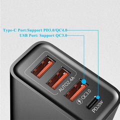 30W 4-Port USB PD Charger, Fast Charging EU Plug for iPhone, Huawei, Oppo, Samsung