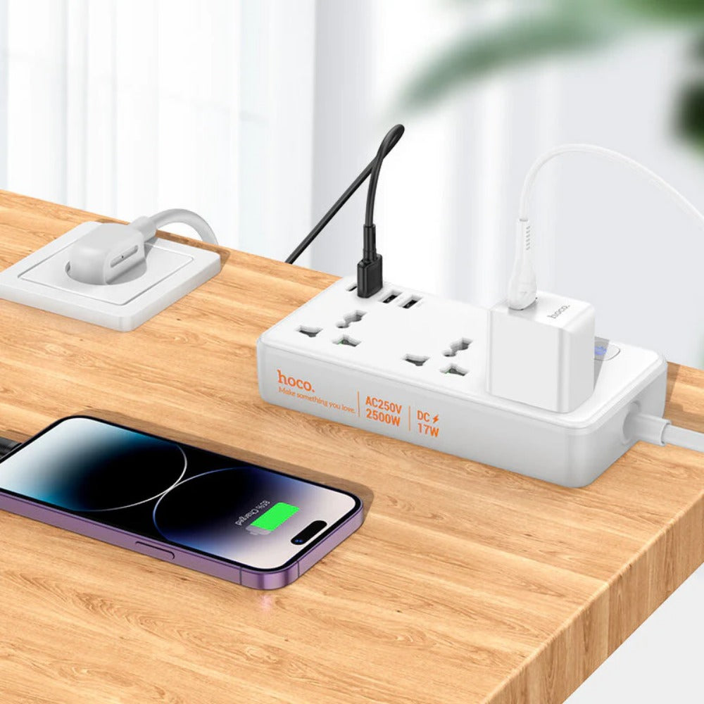 10A 17W 7-Port USB Charger: 3 USB-A, 1 USB-C, 3 AC, Fast Charging, EU Plug, 1.5M Cable