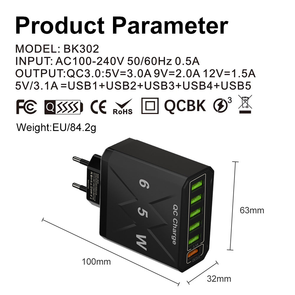 65 W 6-Port USB-Ladegerät, QC3.0-Schnellladeadapter für iPhone, Samsung, Huawei, Oppo, Redmi