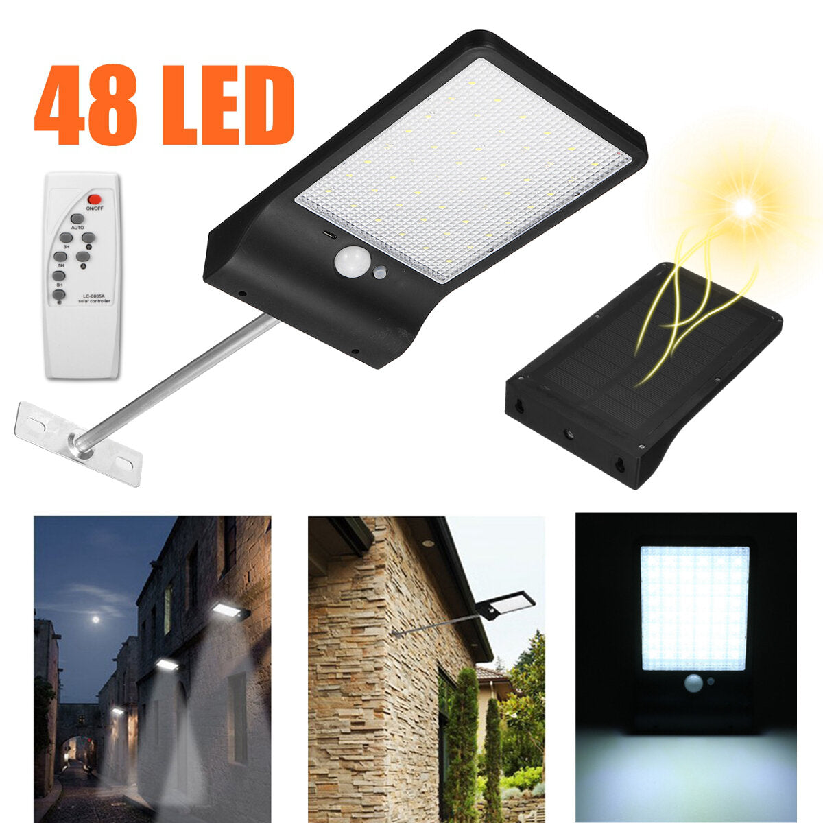48 LED Solar Light Waterproof PIR Motion Sensor Outdoor Garden Wall Lamp With/Without Mounting Pole